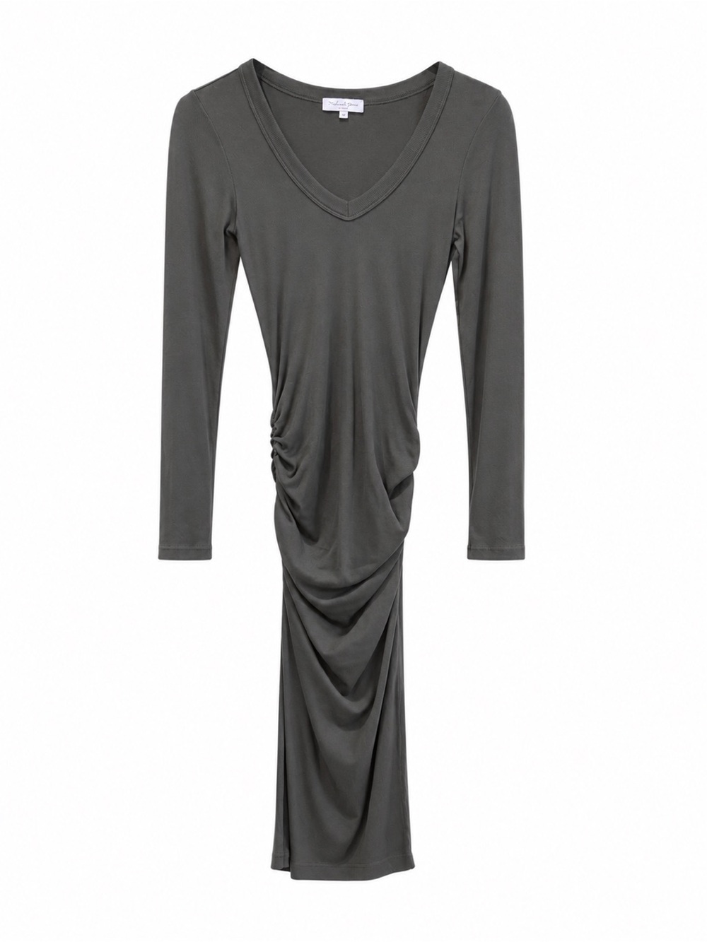 Michael Stars Charcoal V-Neck Long Sleeve Ruched Midi Dress